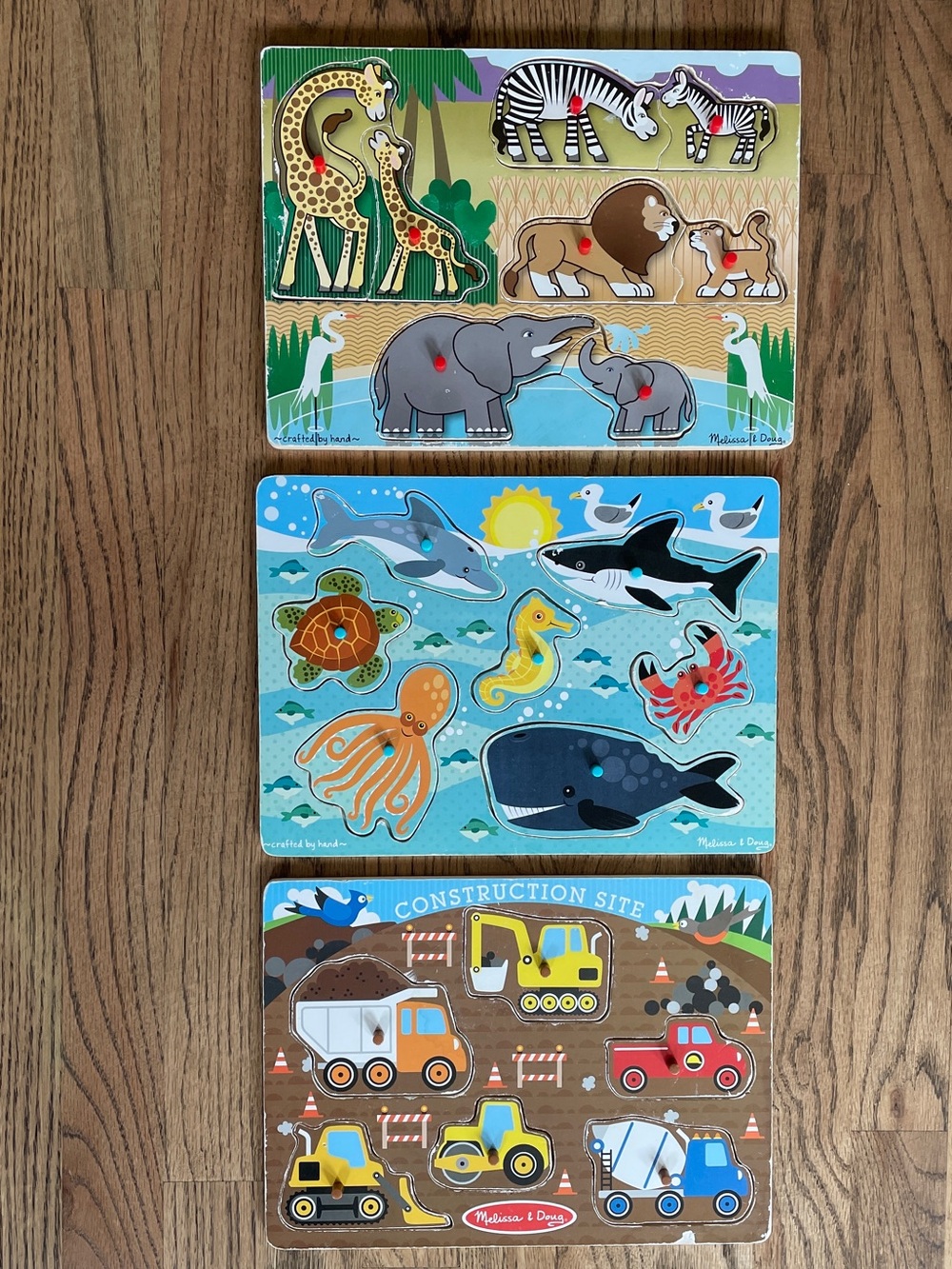 Melissa & Doug Peg Puzzle Bundle: - Construction Site, Safari and Sea Creatures
